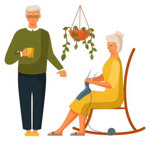 Elderly man with cup and woman is knitting a scarf sitting on the chair  Illustration