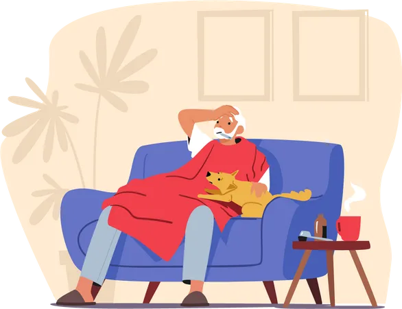 Elderly Man with Thermometer in Mouth Sitting on Sofa Covered with Blanket  Illustration