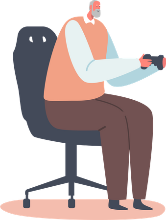 Elderly old man playing video game  イラスト