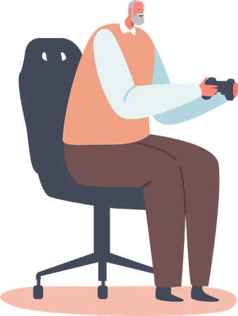 Elderly old man playing video game  イラスト