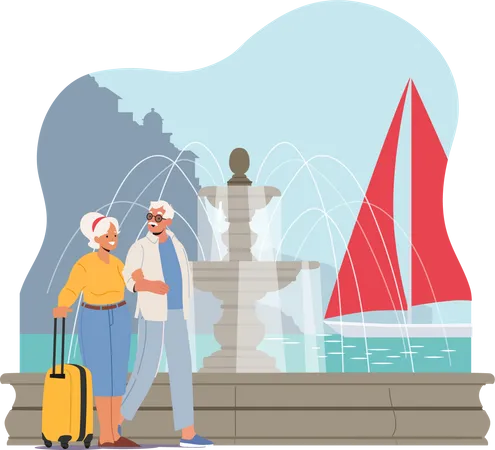 Elderly People Traveling in Foreign Country  Illustration