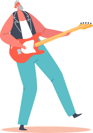 Elderly Rock Guitarist Playing on Electric Guitar during Punk Festival  Illustration