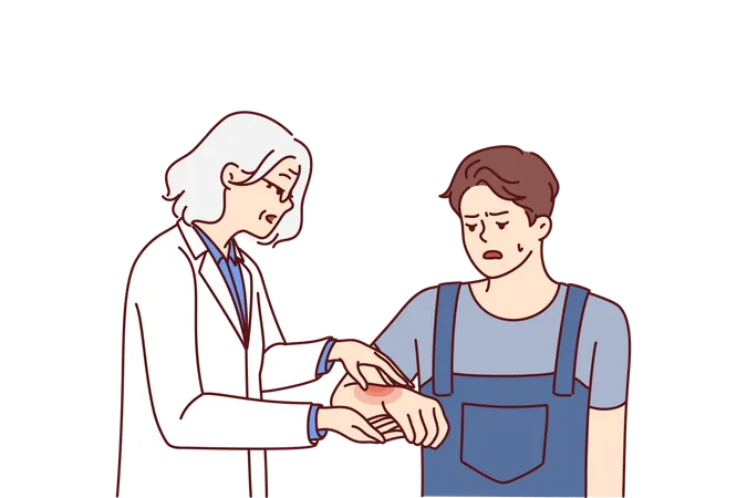 Elderly woman checking red rashes on hand  Illustration