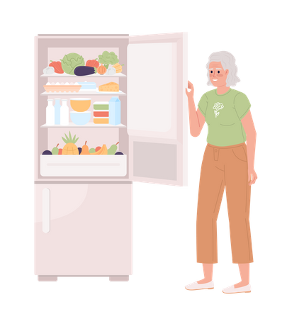 Elderly woman opening fridge door  Illustration