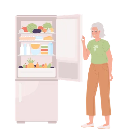 Elderly woman opening fridge door  Illustration