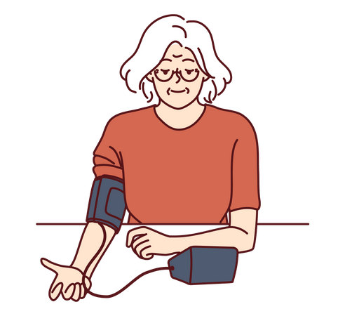 Elderly woman uses tonometer to measure blood pressure  Illustration