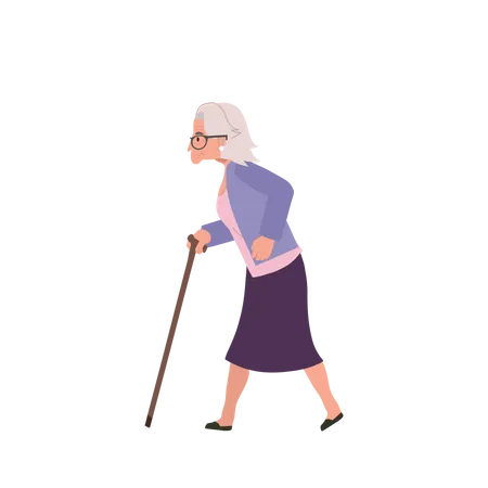 Elderly woman Walking with cane Stick  Illustration