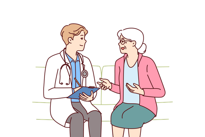 Elderly woman with doctor sit on couch complaining to hospital employee about health problems  Illustration