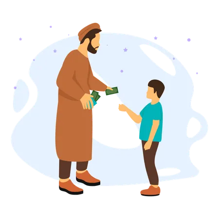 Elders Giving Money To The Younger Ones As A Gift During Eid Festivities  Illustration