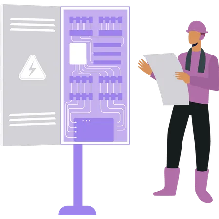 Electrician looking at fuse box  Illustration