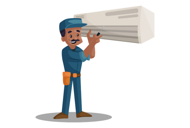 Electrician repairing ac with screwdriver  Illustration