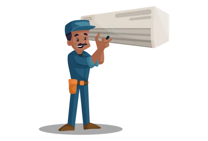 Electrician repairing ac with screwdriver  Illustration