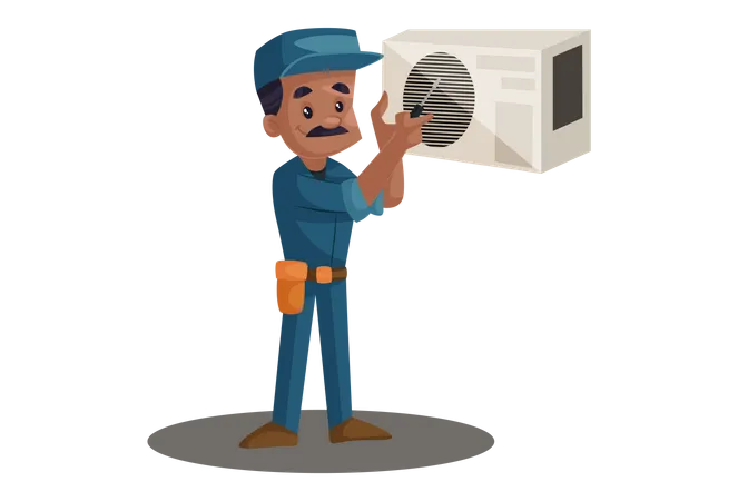 Electrician repairing Cooler with screwdriver  Illustration