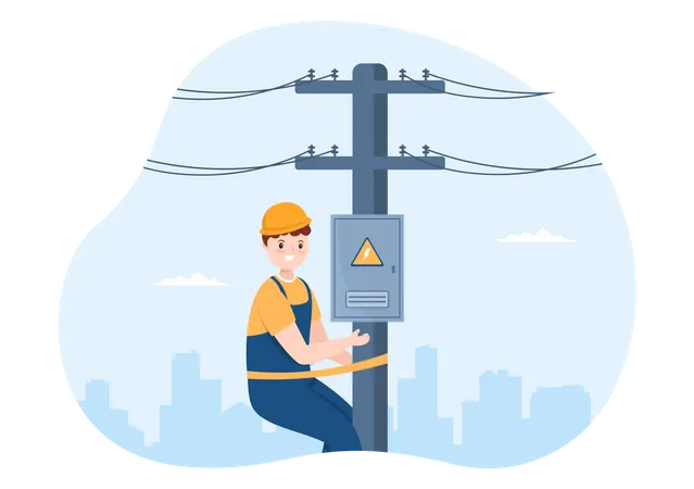 Electrician repairing electric pole  Illustration