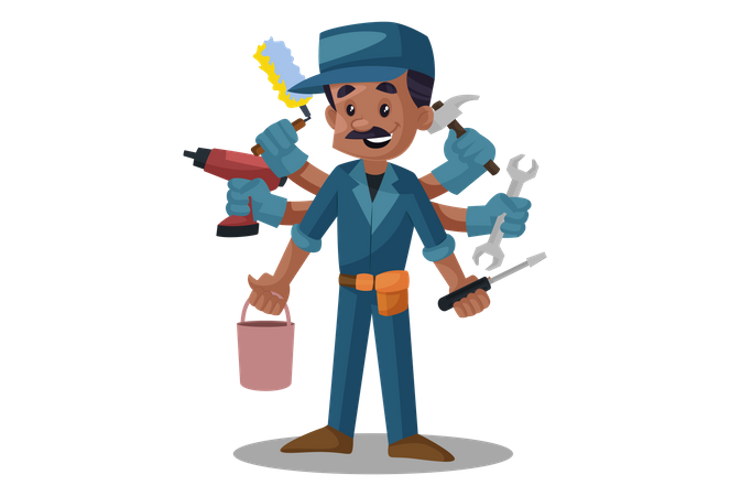 Electrician with multi hands holding tools  Illustration