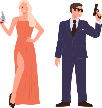 Elegant fashion couple of super agent undercover providing investigation  Illustration