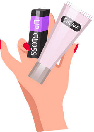 Elegant woman hand holding lip gloss and cream  Illustration