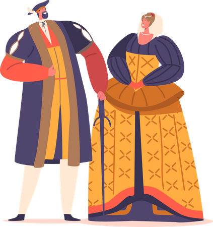 Elegantly Dressed Male and Female In Renaissance Era Costumes  イラスト