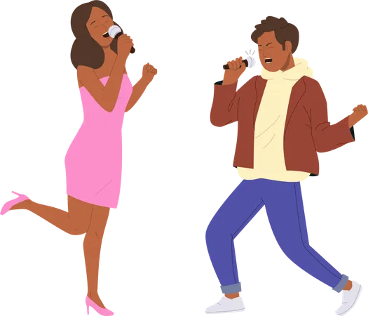 Emotional expressive man and woman singing in microphone performing in talent show  Illustration