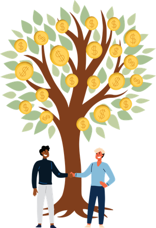 Employees are standing under money tree  イラスト