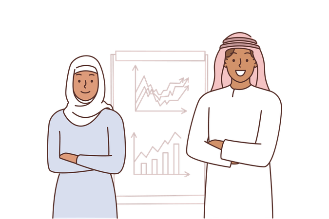 Employés de bureau arabes parlant de stratégie marketing  Illustration