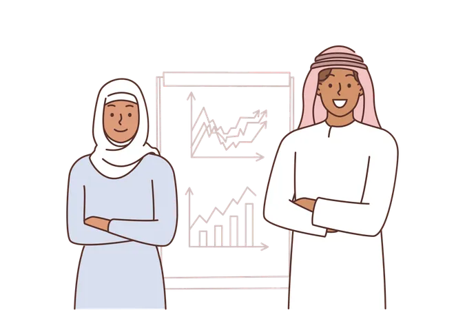 Employés de bureau arabes parlant de stratégie marketing  Illustration