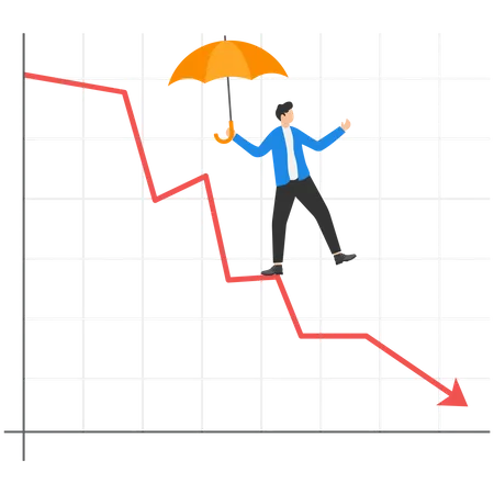 Empresário com guarda-chuva andando na seta de perda  Ilustração