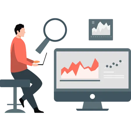 Empresário estudando dados infográficos em laptop  Ilustração