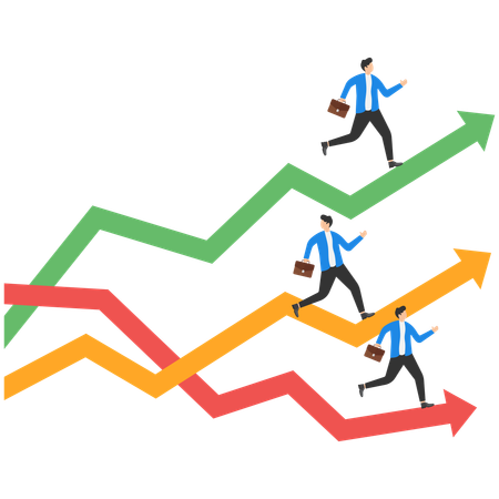 Empresário correndo em diagramas  Ilustração