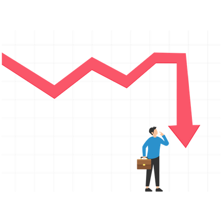 Investidor empresário parado no gráfico vermelho caindo procure o fundo  Ilustração