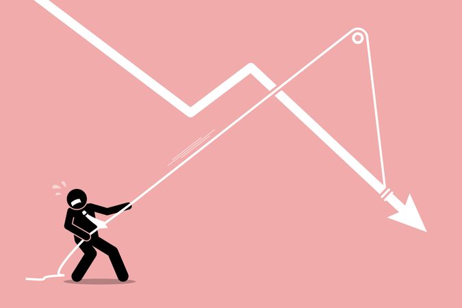 Empresário puxando um gráfico de seta caindo de uma queda ainda maior  Ilustração