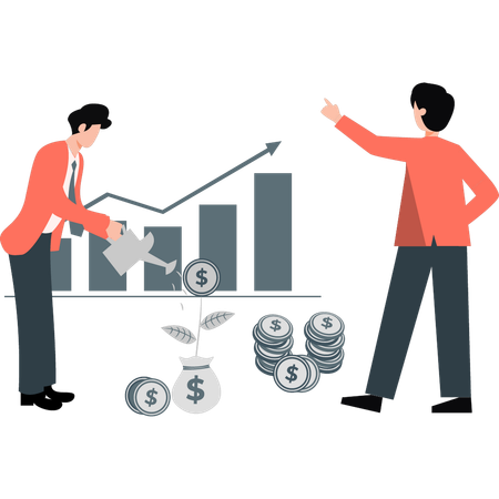 Empresário regando planta de dinheiro enquanto obtém crescimento financeiro  Ilustração