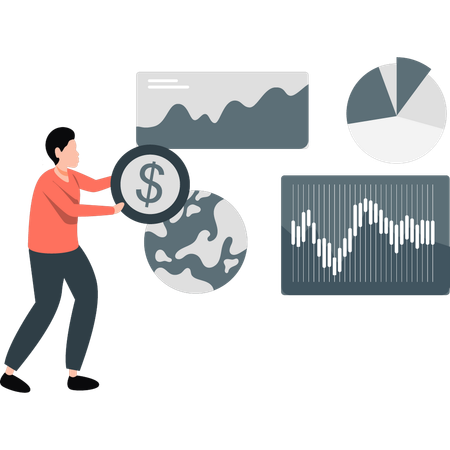 Empresário segurando dólar enquanto mostra crescimento financeiro  Ilustração