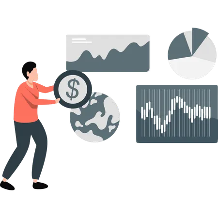 Empresário segurando dólar enquanto mostra crescimento financeiro  Ilustração