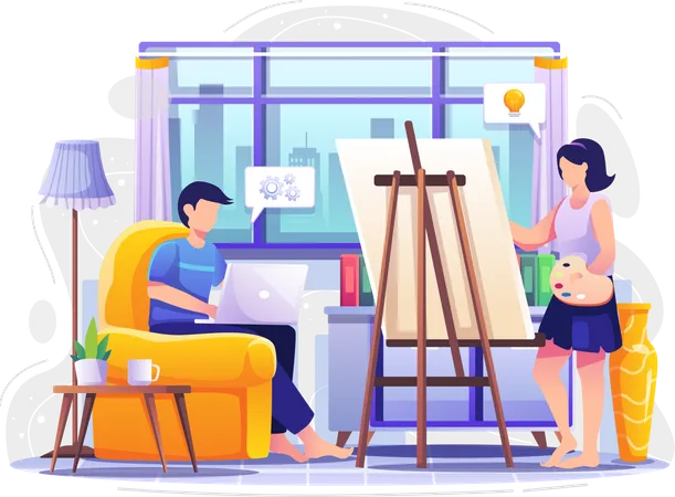 Empresário trabalhando em casa e esposa fazendo arte  Ilustração