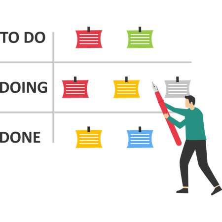 Los empresarios revisan el progreso del proyecto en el tablero Kanban  Ilustración