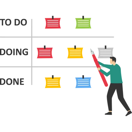 Los empresarios revisan el progreso del proyecto en el tablero Kanban  Ilustración