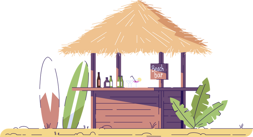 Empty beach bar and surfboards  Illustration