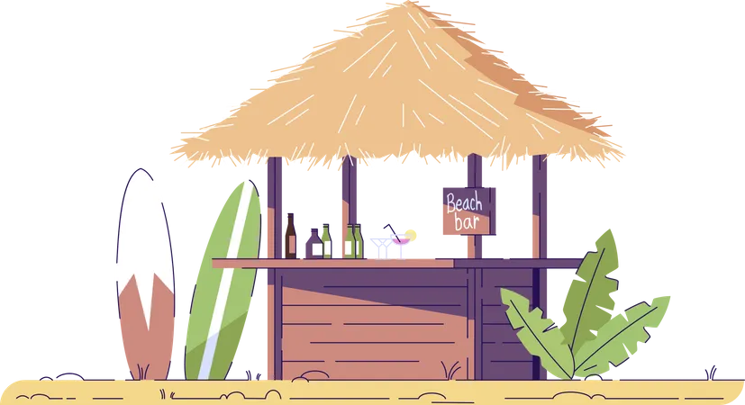 Empty beach bar and surfboards  Illustration