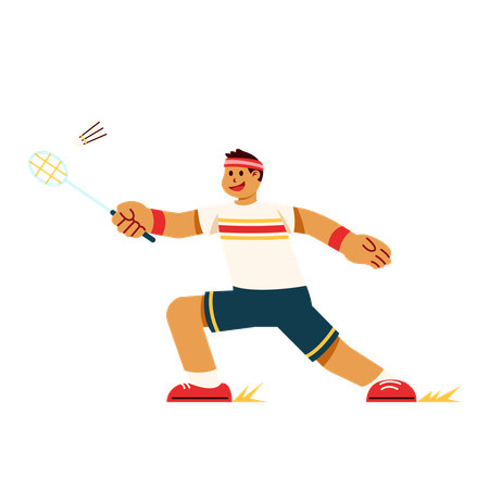 Energic badminton player hitting shuttlecock  イラスト