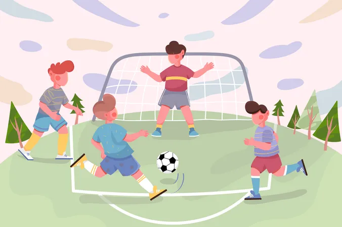 Enfants jouant au football sur fond de terrain  Illustration