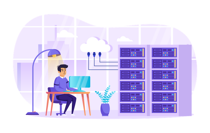 Engenheiro trabalhando no data center  Ilustração