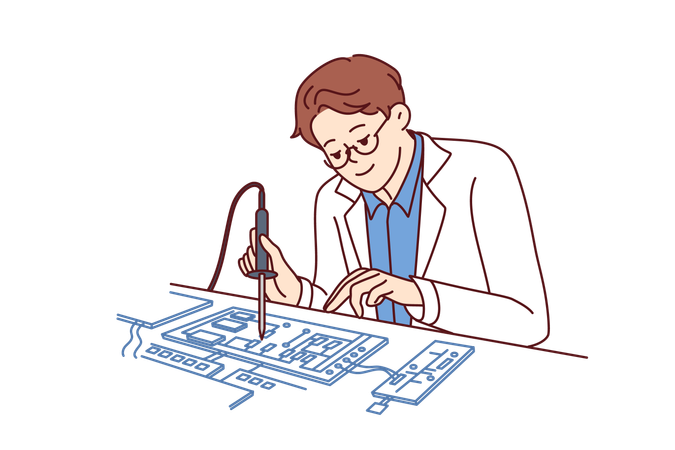 Engineer is soldering computer board  イラスト