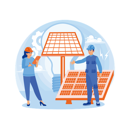 Engineers and technicians installing solar panels  Illustration