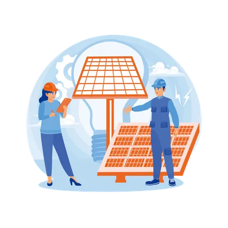 Engineers and technicians installing solar panels  Illustration