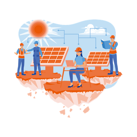 Engineers workers and technicians perform maintenance on solar panels  Illustration