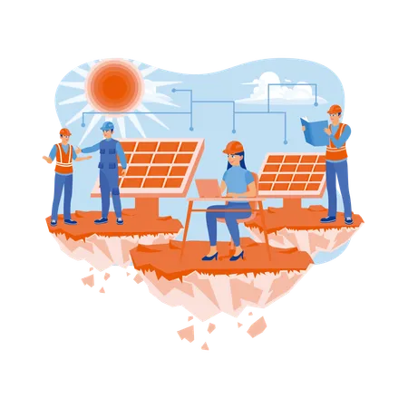 Engineers workers and technicians perform maintenance on solar panels  Illustration