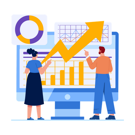 Équipe commerciale effectuant une analyse en ligne  Illustration