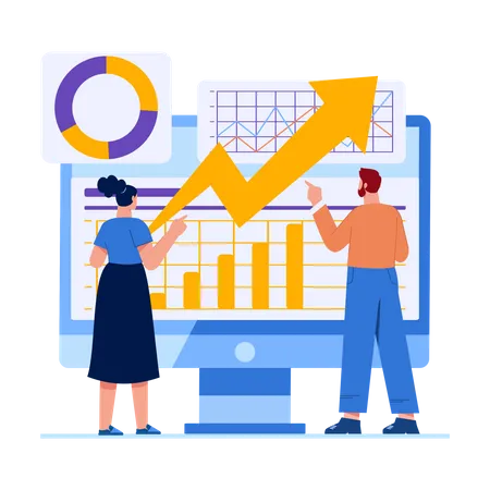 Équipe commerciale effectuant une analyse en ligne  Illustration