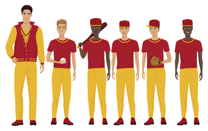 Equipo de béisbol con entrenador.  Ilustración